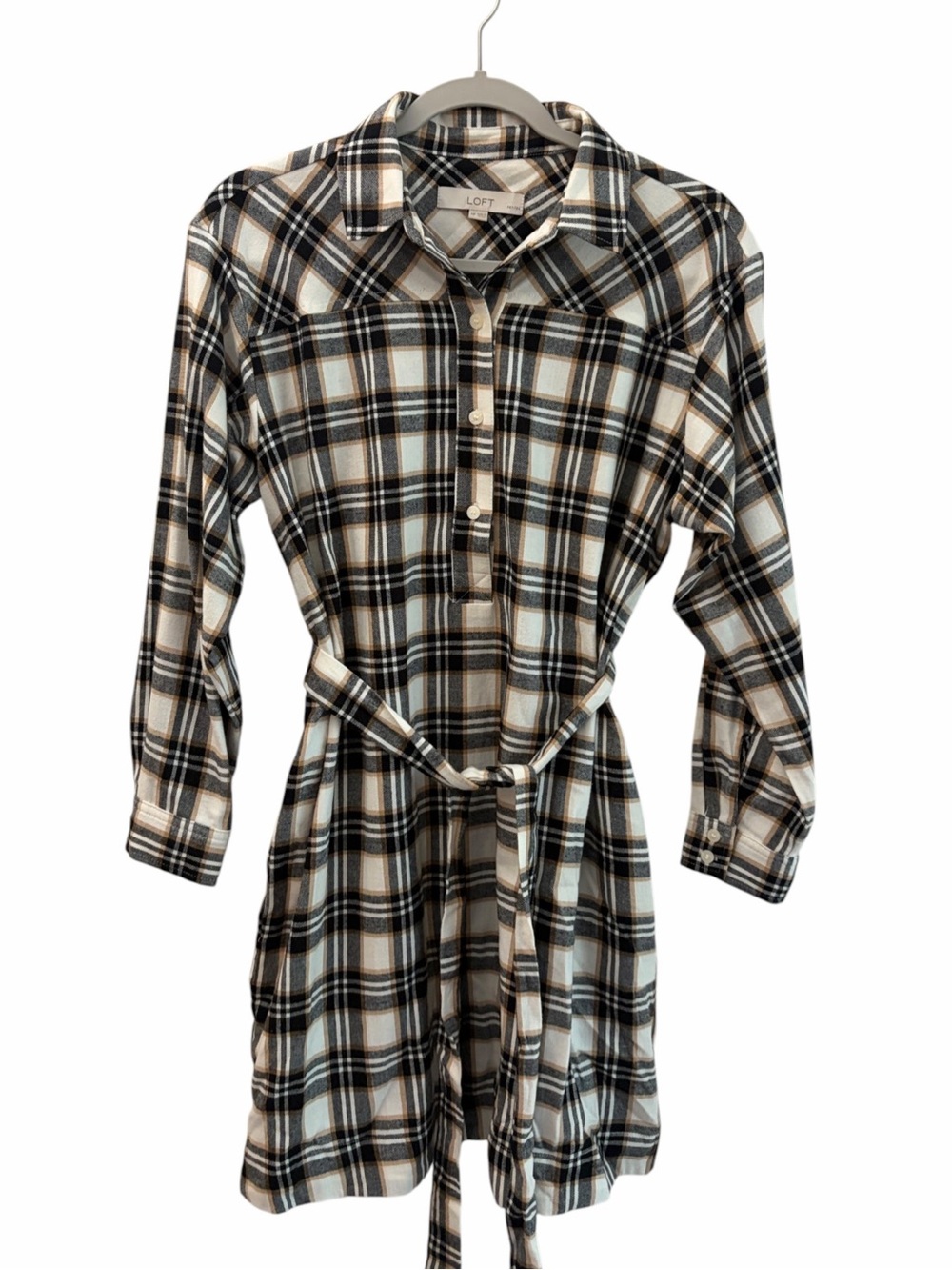 LOFT Plaid Flannel Long Sleeve Shirt Dress Tie Waist Size MP Fall Fireside Party